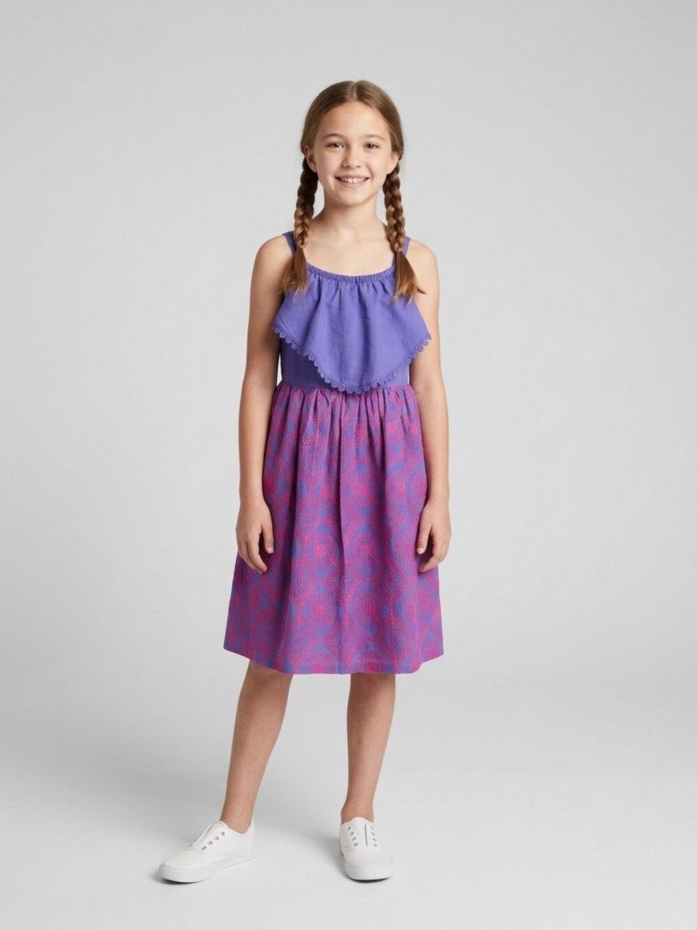 Cat & Jack Boho Purplish Blue Pink Embroidered Ruffle Sundress M 7/8